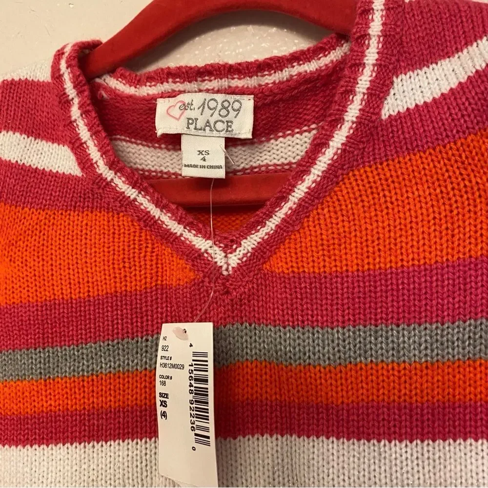 The Children place hot pink orange stripe V neck sweater XS 4 NEW